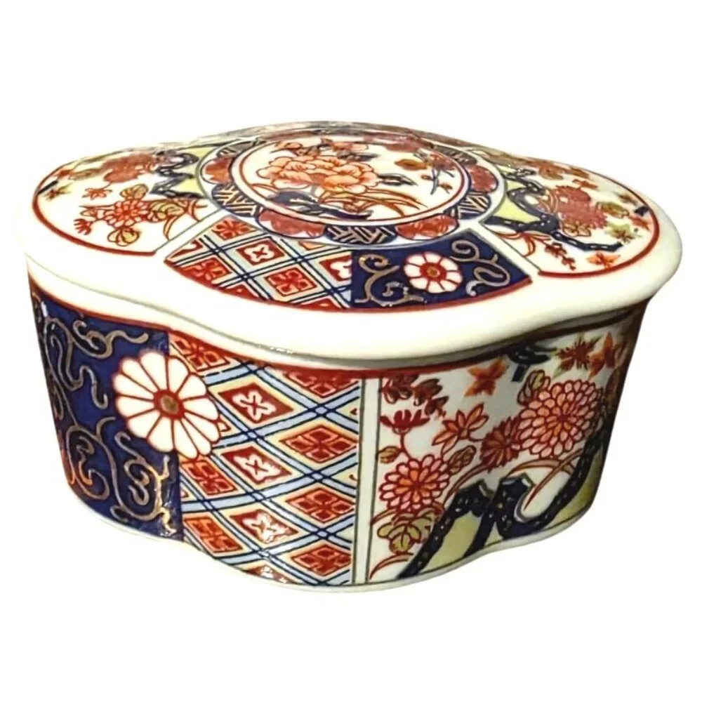 Vintage‎ Trinket Box Japanese Imari-Style Ceramic Floral & Geometric 3